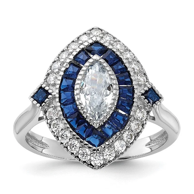 Women’s handmade rings-Curata 925 Sterling Silver Rhodium Plated Cubic Zirconia and Simulated Blue Spinel Ring