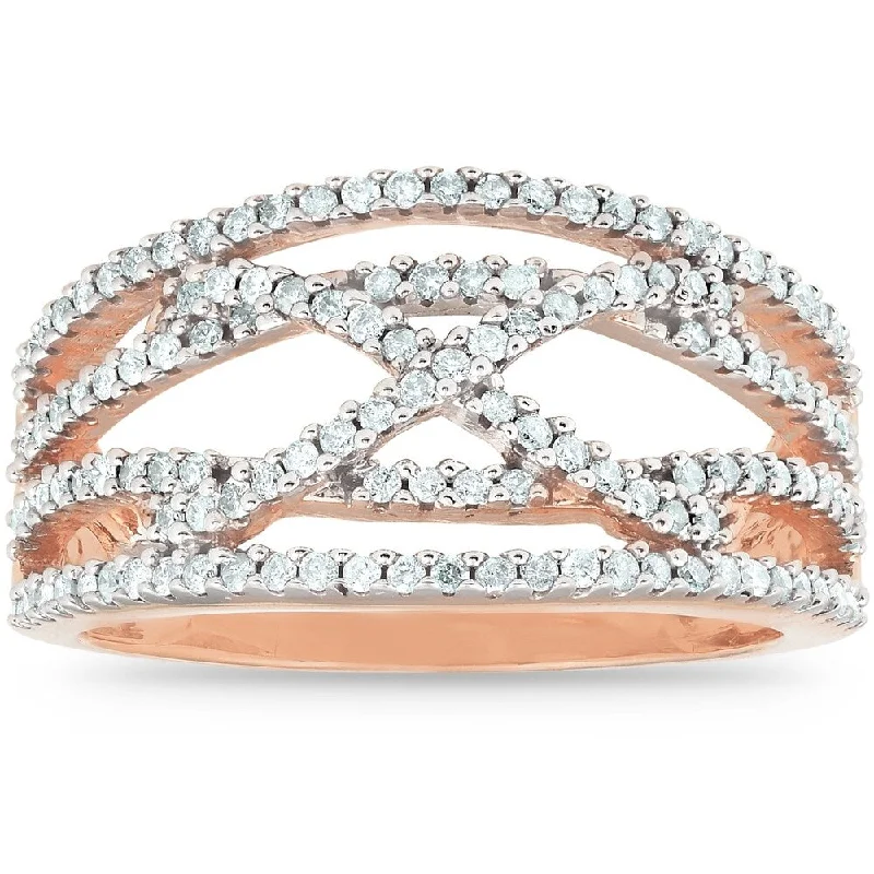 Women’s vintage-style engagement rings-1/2 Ct Diamond Multi Row Crossover Right Hand Cocktail Ring 10k Rose Gold