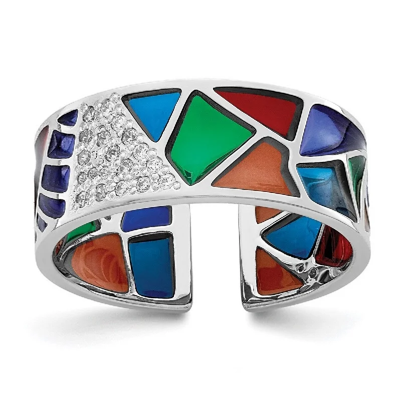 Women’s fashion statement rings-Curata 925 Sterling Silver Rhod Plated Abstract Enamel and CZ Cubic Zirconia Cuff Ring