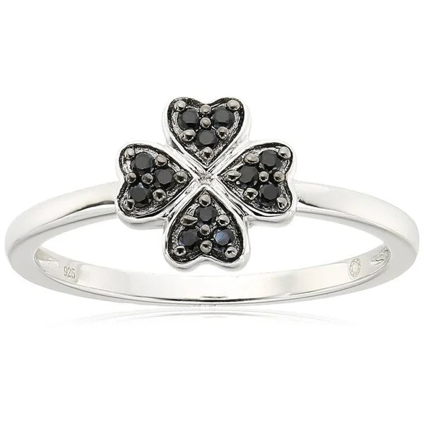 Women’s designer rings-Sterling Silver Black Spinel Clover Ring, Size 7