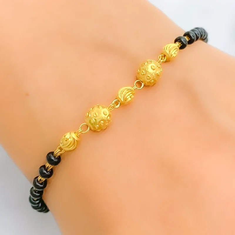 Women’s simple bangles-Women’s adjustable charm bracelets-Textured Black Bead 22k Gold Bracelet