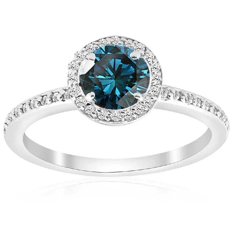 Women’s cubic zirconia rings-3/4ct Blue Diamond Halo Ring White Gold