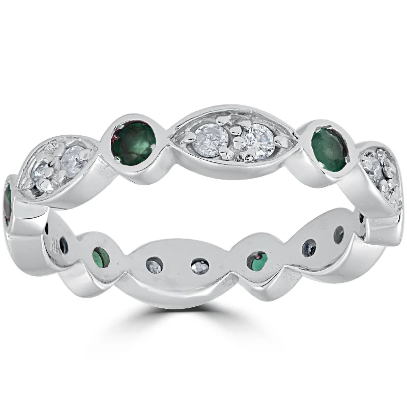 Women’s matching engagement and wedding rings-1ct Diamond & Imitation Green Emerald Vintage Eternity Ring White Gold