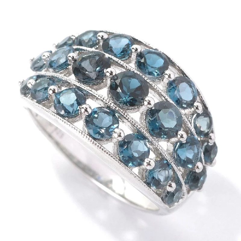 Women’s adjustable rings-Sterling Silver Three-row Round-cut London Blue Topaz Ring