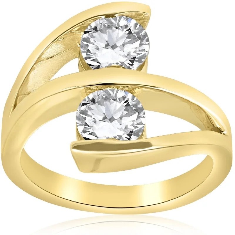 Women’s vintage-style engagement rings-Pompeii3 14k Yellow Gold 2 Ct TDW Two Stone Diamond Ring Wide Multi-Row Clarity Enhanced