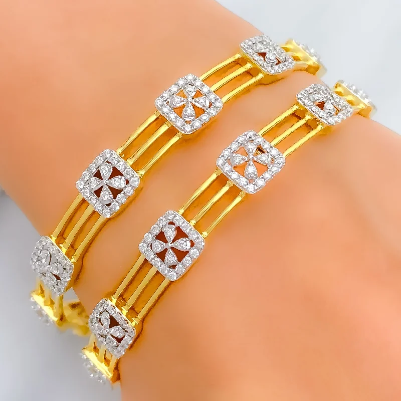 Women’s nautical bracelet-Women’s double-layer bracelets-Timeless Floral Diamond + 18k Gold Bangle