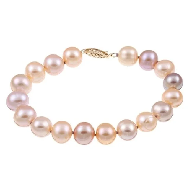 Women’s sparkling bangle-Women’s oval charm bracelets-14k Yellow Gold Multi-colored Pink Freshwater Pearl Bracelet (9-10 mm)