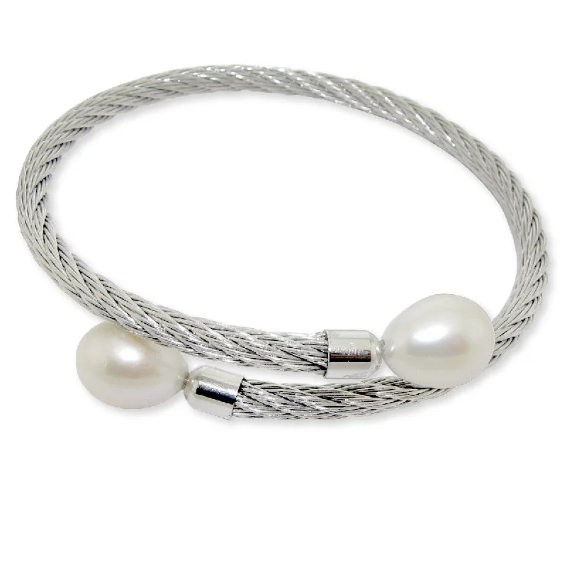 Women’s fashion bangle-Women’s wedding bangles-DaVonna Stainless Steel 9-10mm White Long Shape Pearl Expandable Bangle Bracelet.