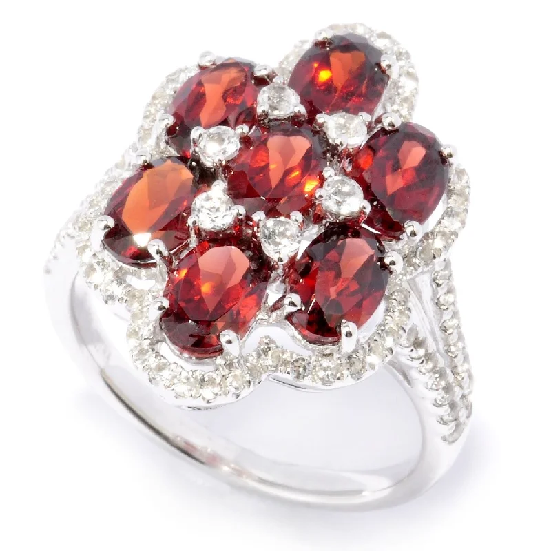 Women’s cocktail rings-925 Sterling Silver Red Garnet and White Topaz Ring