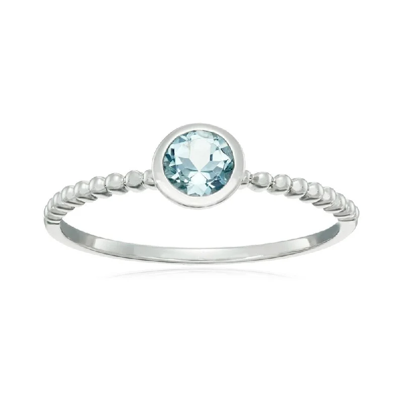 Women’s diamond rings-10k White Gold Aquamarine Solitaire Beaded Shank Stackable Ring, Sz 7