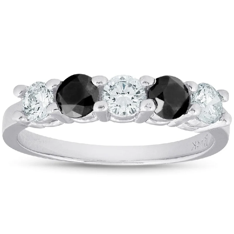 Women’s custom-designed rings-1 CT Treated Black & White Five Stone Diamond Ring 14K White Gold