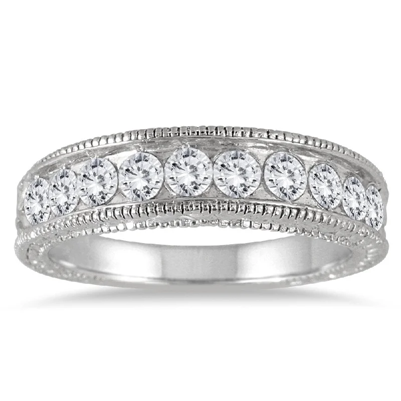 Women’s sterling silver rings-1 Carat TW Diamond Engraved Antique Ring in 14K White Gold