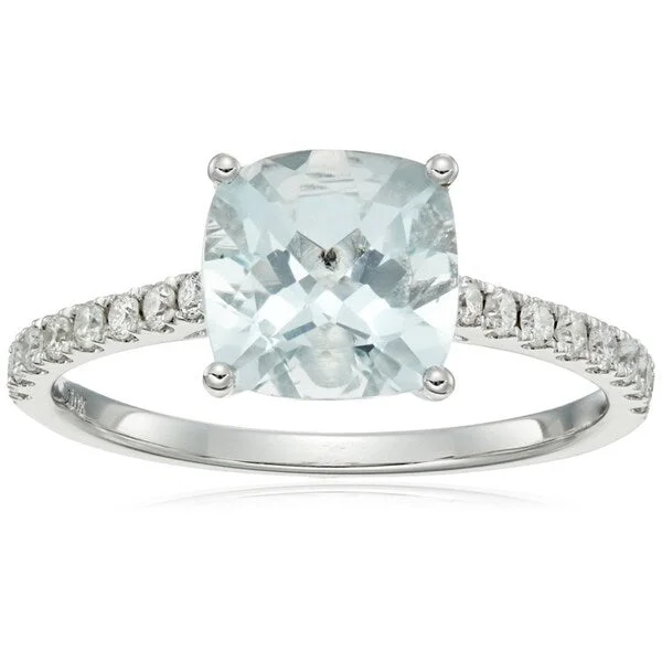 Women’s vintage diamond rings-10k White Gold Aquamarine Cushion Diamond Solitaire Ring, Size 7 - Blue