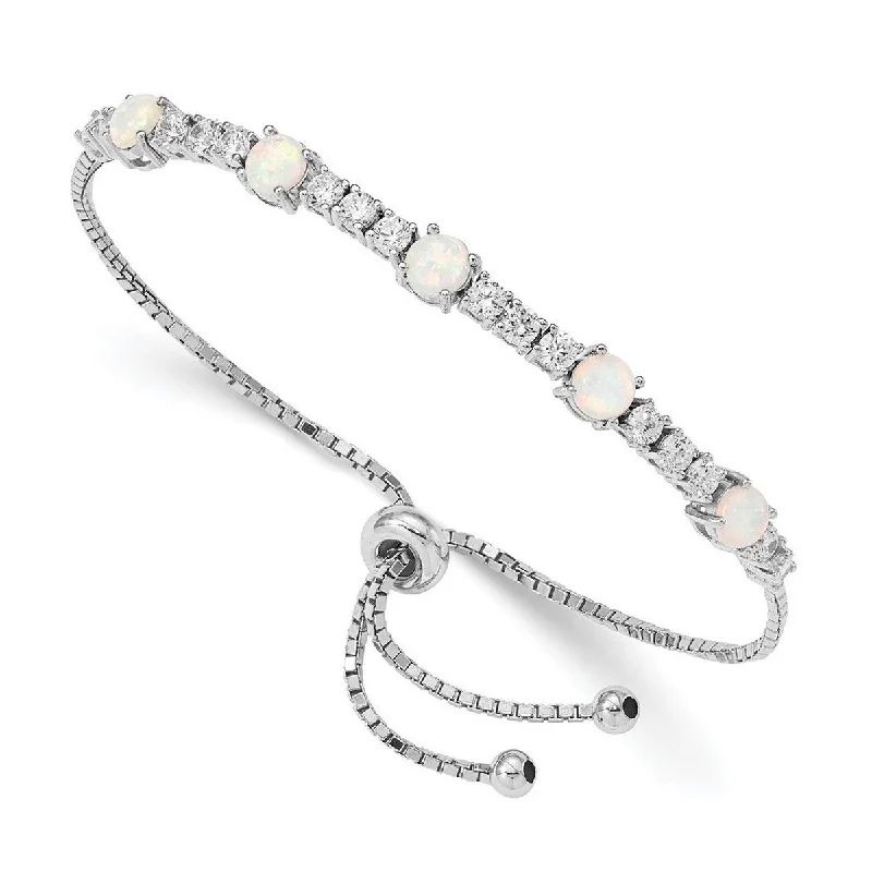 Women’s sterling silver bracelet-Curata 925 Sterling Silver Rhodium Plated Simulated Opal and Cubic Zirconia Adjustable Bracelet