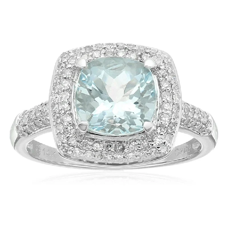 Women’s dainty rings-14k White Gold Aquamarine Cushion and Diamond Halo Ring, Size 7