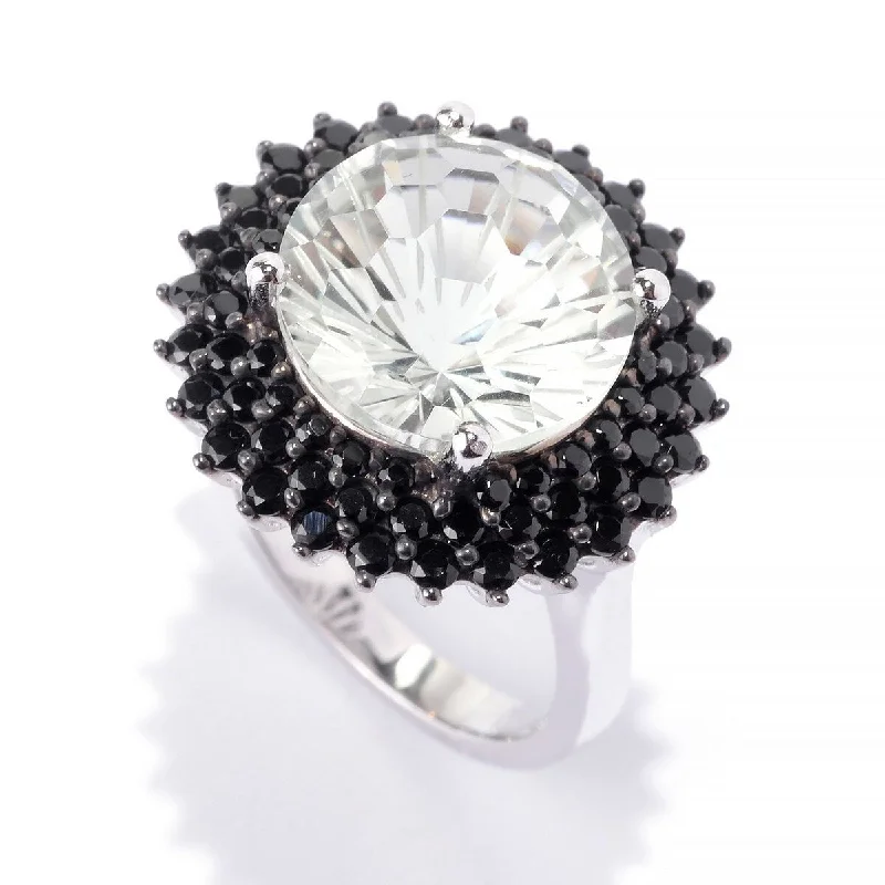 Women’s elegant rings-Ss/ 12Mm Round 6.21Ctw Green Amethyst & Black Spinel Halo Cocktail Ring