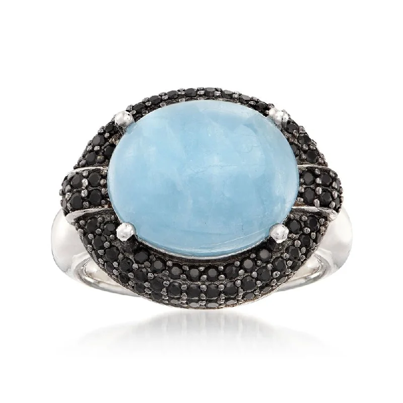 Women’s engraved rings-925 Sterling Silver Milky Aquamarine and Black Spinel Ring