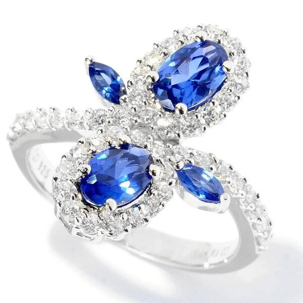 Women’s diamond rings-Platinum over Silver Blue and White Cubic Zirconia Flower Ring