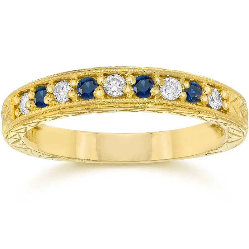 Women’s cushion cut rings-1/4Ct Blue Sapphire & Diamond Vintage Ring Yellow Gold