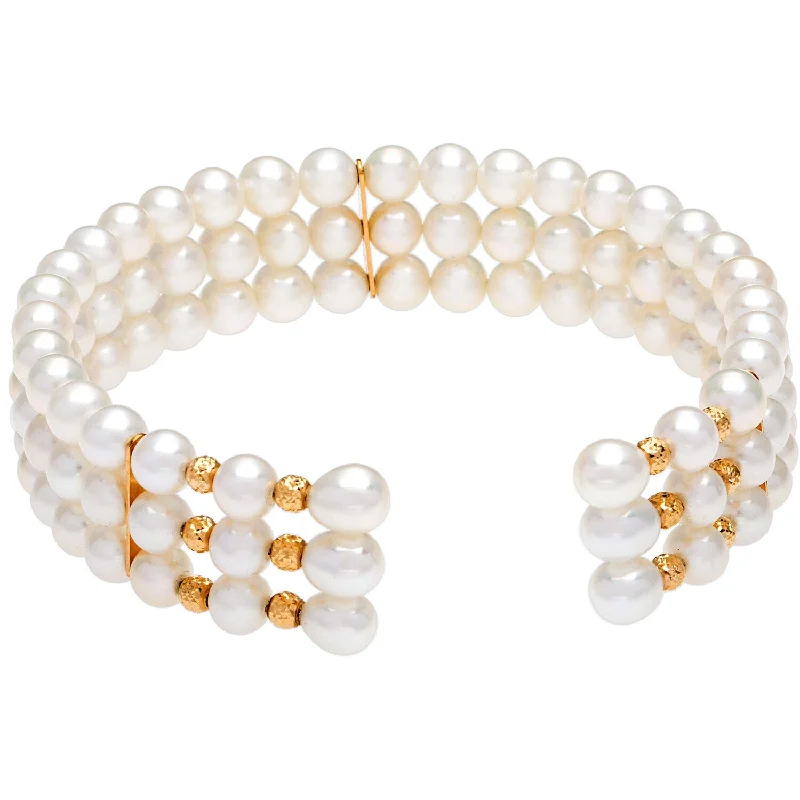 Women’s stretch bracelet-Women’s designer bracelets-DaVonna 14k Yellow Gold White Freshwater Pearl 3-row Cuff Bracelet