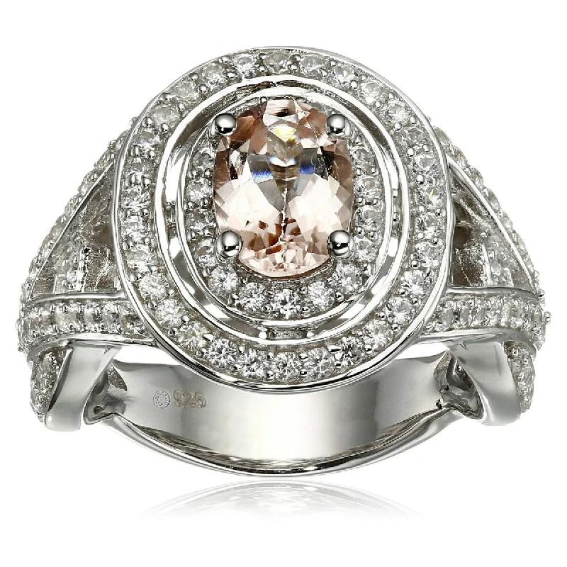 Women’s fancy diamond rings-925 Sterling Silver Morganite and White Natural Zircon Ring