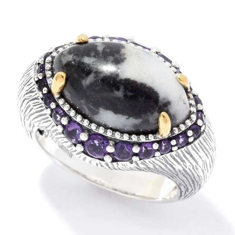 Women’s matching engagement and wedding rings-925 Sterling Silver African Amethyst and White Buffalo Ring