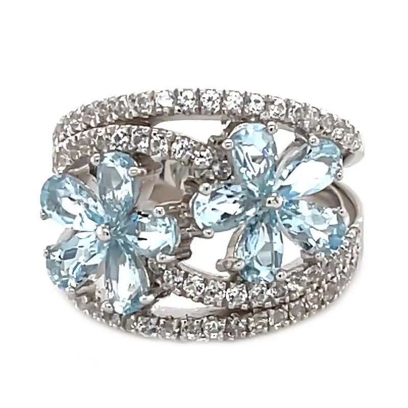 Women’s unique rings-925 Sterling Silver Aquamarine and Created White Sapphire Gemstone Flower Ring