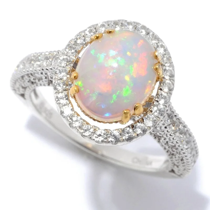 Women’s anniversary rings-Sterling Silver 10 x 8mm Oval Ethiopian Opal & White Zircon Ring