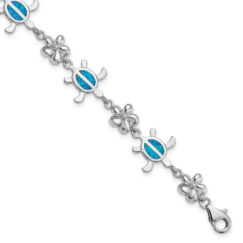 Women’s custom name bracelet-Curata 925 Sterling Silver Polished Lobster Claw Closure Created Blue Simulated Opal Inlay Tortoise With Flower Bracelet 7 Inch