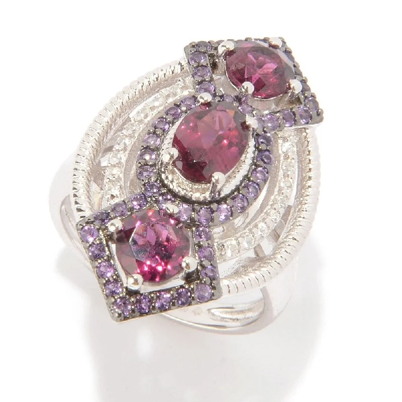 Women’s vintage rings-Pinctore Sterling Silver Rhodolite, Amethyst & White Zircon Cocktail Ring, Size 7 - Red