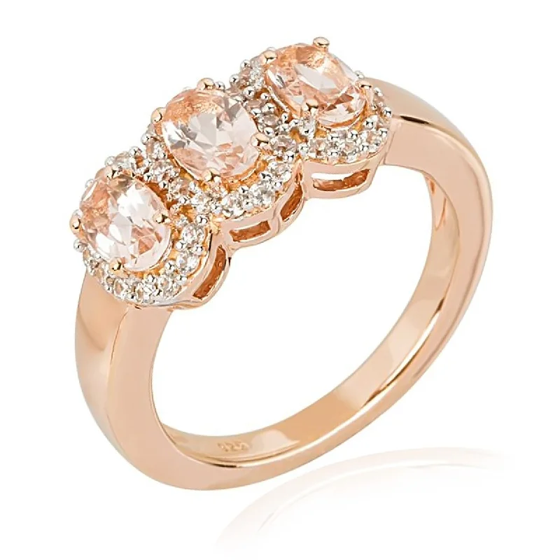 Women’s heart-shaped rings-925 Sterling Silver Morganite And White Natural Zircon 3-Stone Ring