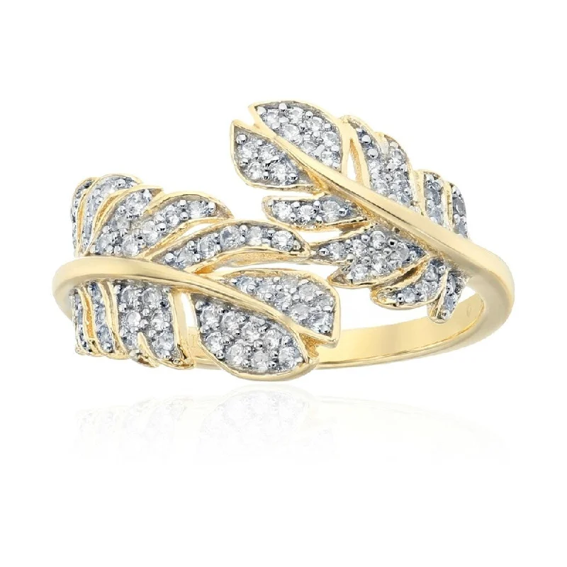 Women’s statement rings-Yellow Gold - plated Silver White Zirconia Leaf bypass Ring Size - 7