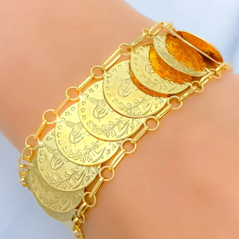 Women’s statement bracelet-Women’s crystal bracelets-Shiny Coin 21k Gold Bracelet w/ Hanging Charm