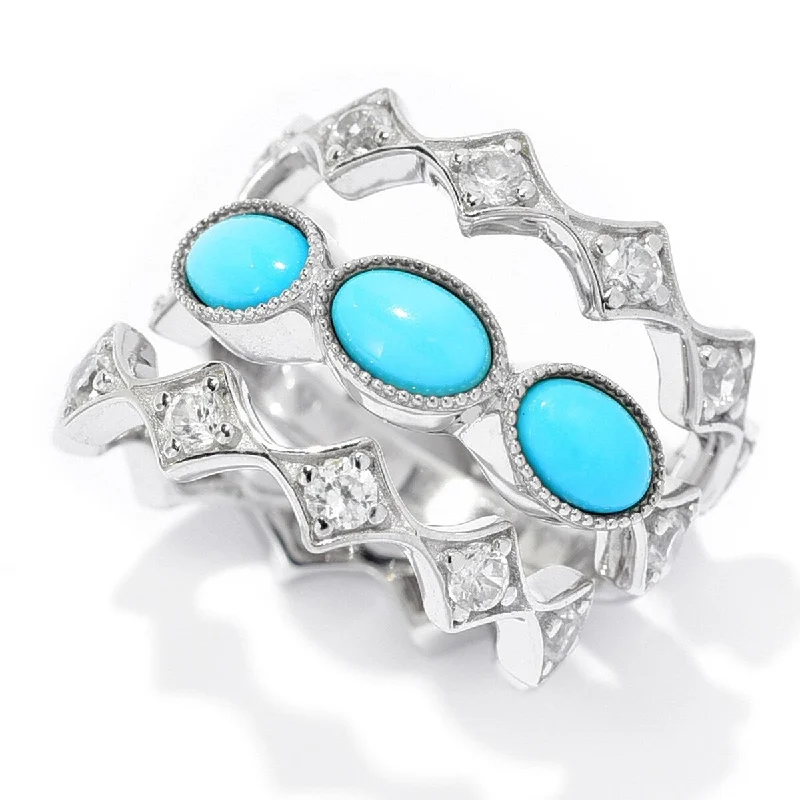 Women’s vintage rings-Dallas Prince Sterling Silver Set of 3 Zircon & Sleeping Beauty Turquoise Rings