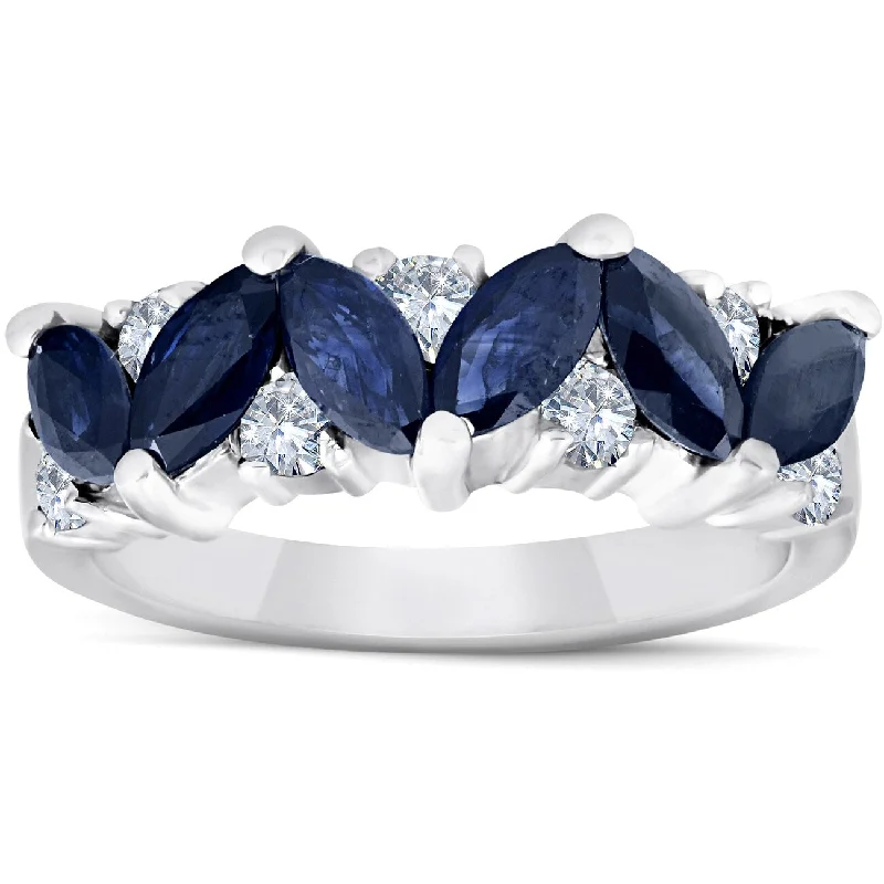 Women’s vintage-style rings-1 5/8ct Blue Sapphire Marquise & Diamond Ring White Gold