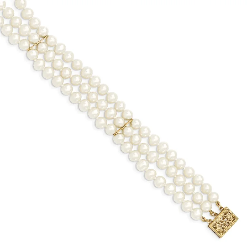 Women’s friendship bracelet-14k Yellow Gold 5-6mm White Near Round Freshwater Cultured Pearl 3-strand Bracelet, 7.5"