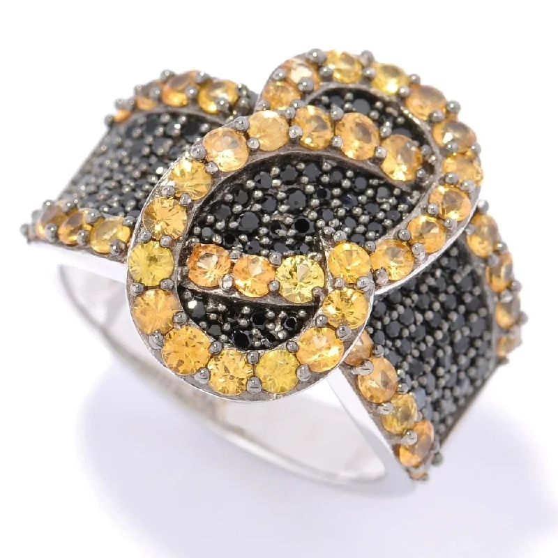 Women’s vintage diamond rings-Sterling Silver 2Ctw Yellow Sapphire & 0.99Ctw Black Spinel Band Ring