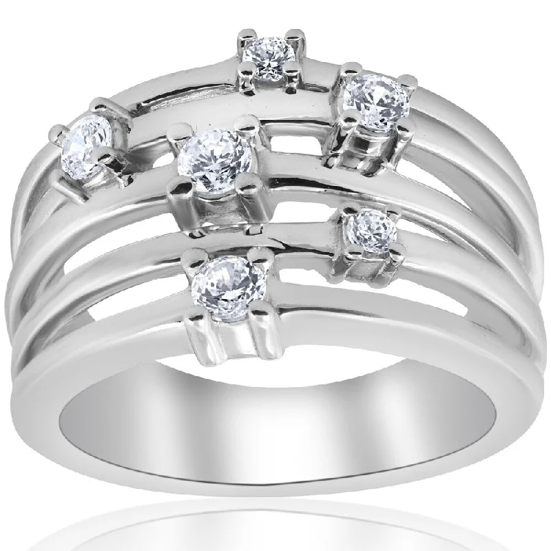 Women’s platinum rings-Pompeii3 10K White Gold 3/4 ct TDW Multi Row Diamond Crossover Wide Ring