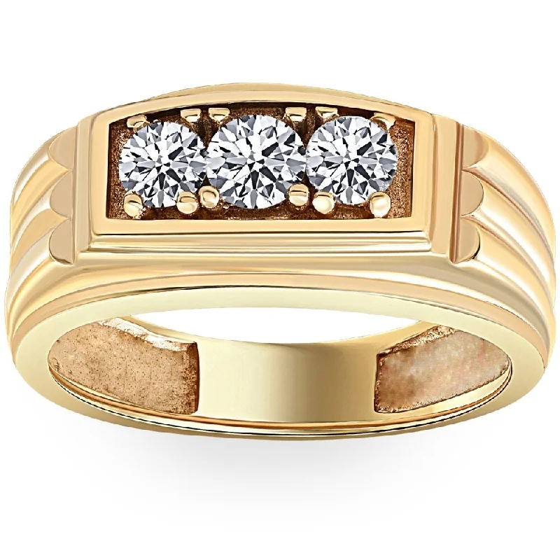 Women’s wedding rings-Mens Gold 3/4ct Three Stone Diamond Anniversary Ring 14K Yellow Gold