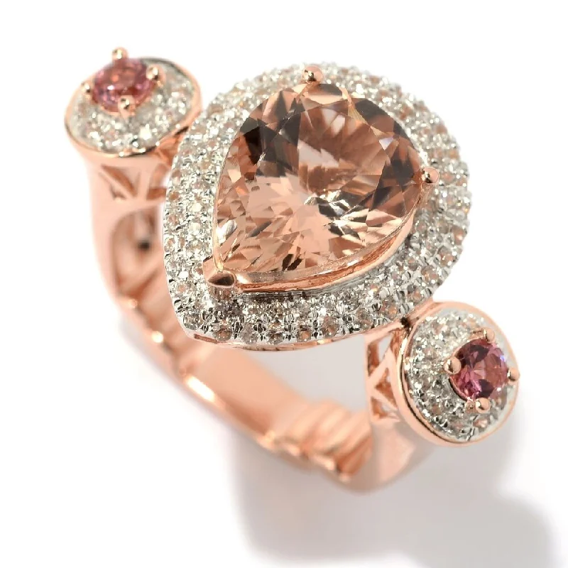 Women’s sterling silver rings-18K Vermeil 4.10Ctw Morganite, White Zircon & Pink Tourmaline Halo Ring