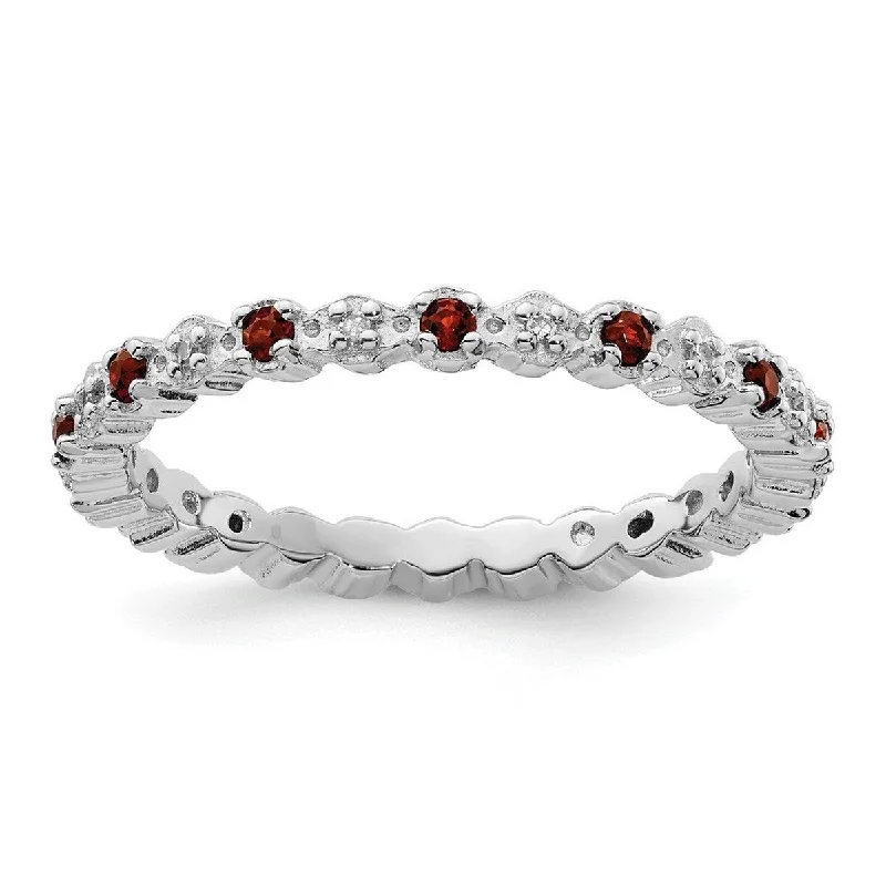 Women’s black diamond rings-Curata 925 Sterling Silver Polished Prong set Stackable Expressions Garnet and Diamond Ring