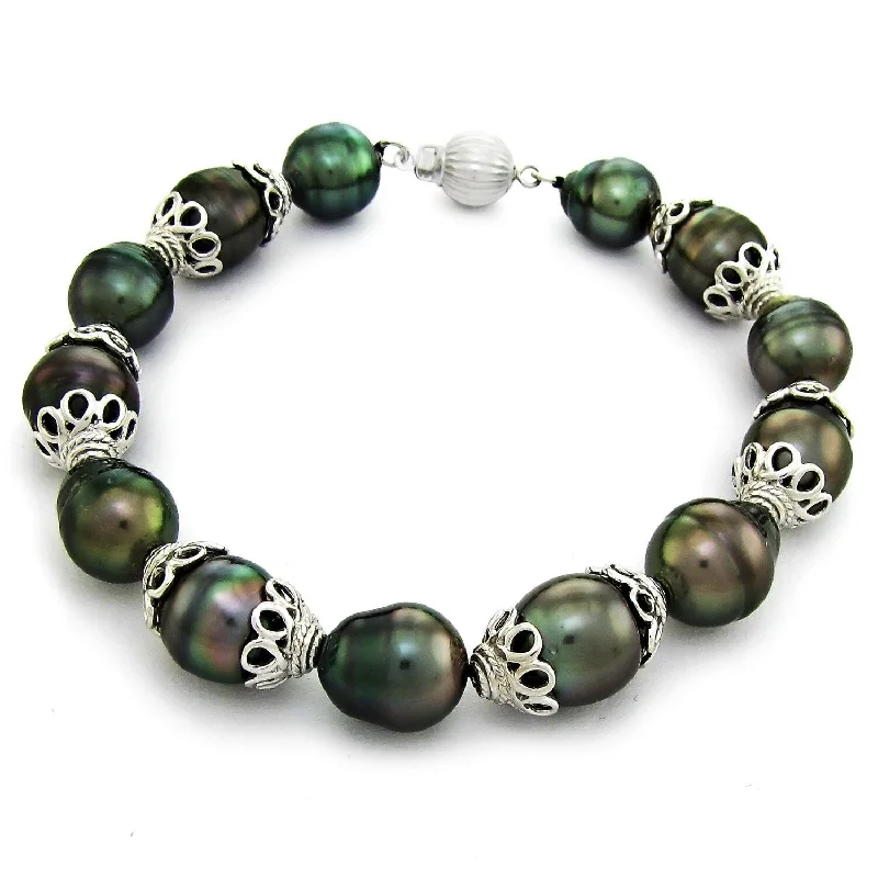 Women’s gemstone bangle-Women’s woven bracelets-DaVonna Sterling Silver Cup 9-11mm Black Baroque Tahitian Pearl Bracelet