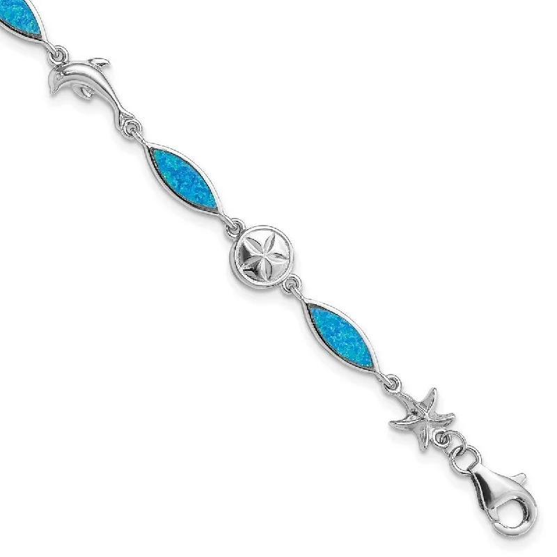 Women’s pearl bracelet-Curata 20mm 925 Sterling Silver Rhodium Plated Blue Inlay Simulated Opal Sea Life Bracelet 7 Inch