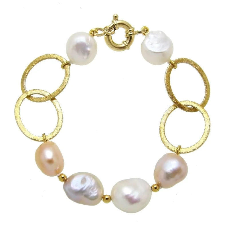 Women’s leather bracelet-Women’s pearl bracelets-DaVonna Gold over Silver Chain and Multi-color Baroque Pearl Bracelet