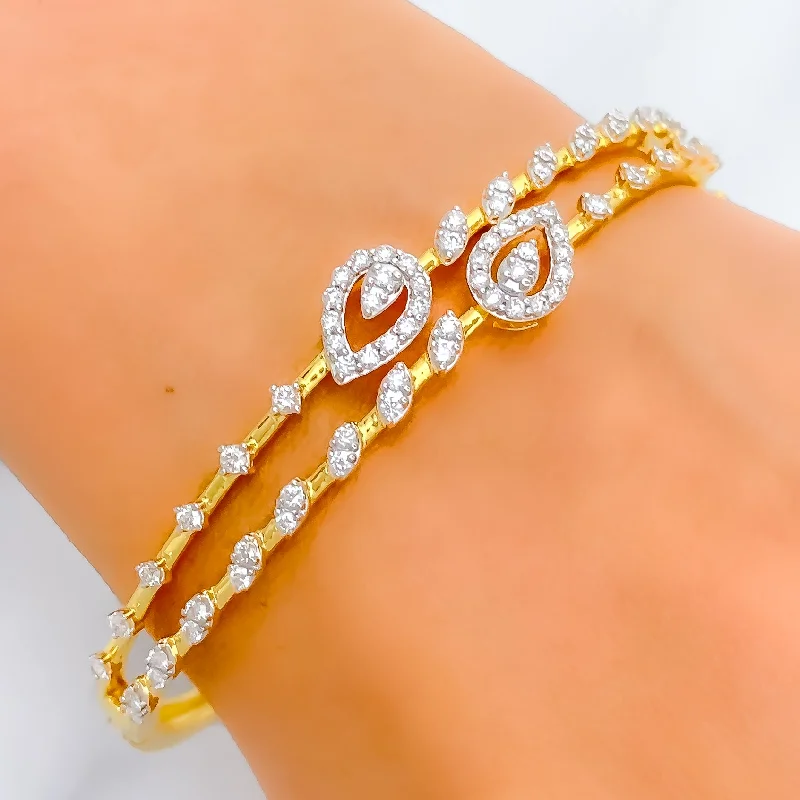 Women’s personalized bracelet-Women’s cuff bracelets-Leaf Accented Diamond + 18k Gold Bangle Bracelet