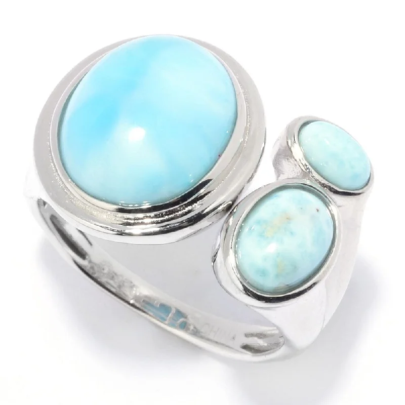 Women’s vintage-style rings-Sterling Silver 12 x 10mm Oval Shaped Larimar Bypass Ring