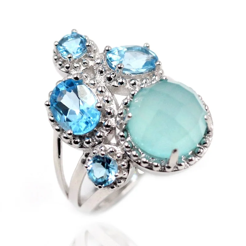 Women’s wedding rings-925 Sterling Silver Aqua Chalcedony and Swiss Blue Topaz Ring