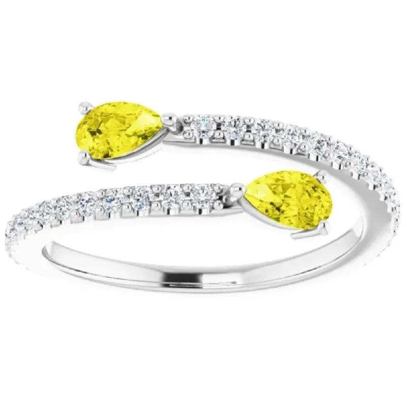 Women’s textured rings-5/8 Ct Fancy Yellow Pear Shape Diamond 2-Stone By Pass Ring Lab Grown White Gold