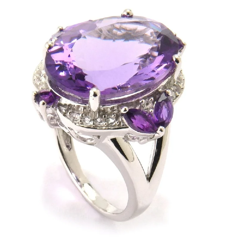 Women’s boho rings-Sterling Silver 20.38Ctw African Amethyst and White Zircon Cocktail Ring