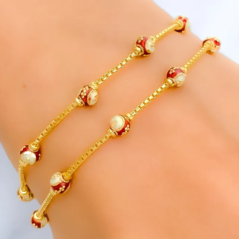 Women’s luxury bangle-Women’s heart-shaped bangles-Elegant Red + White Meenakari 22k Gold Bracelet